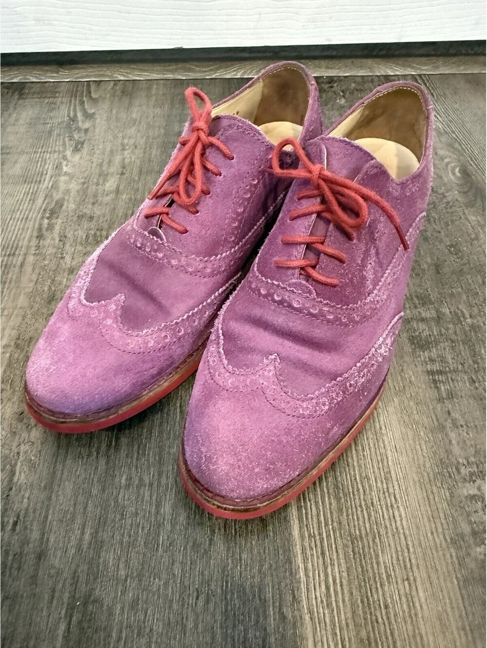 Cole Haan Wingtip Oxford Shoes Womens 7 B Purple Suede Brogue Lace Up